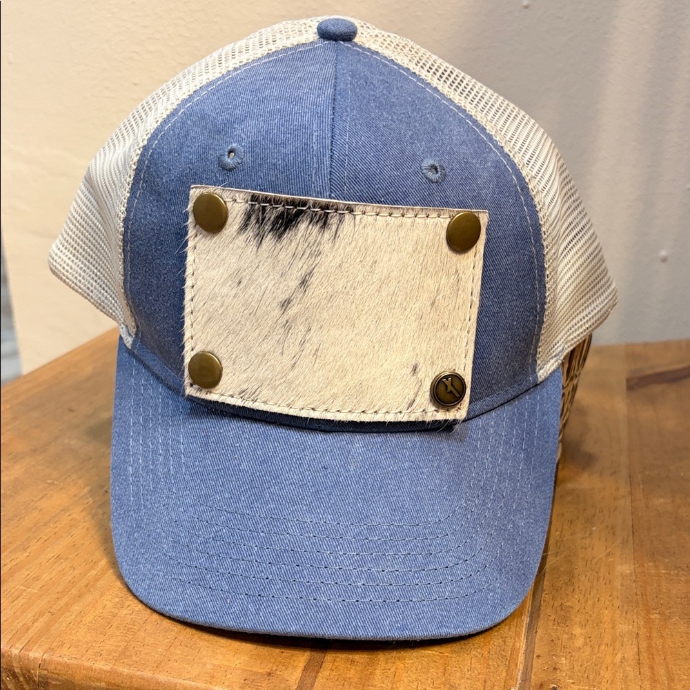 Blue and White Trucker Hat with Cowhide Patch